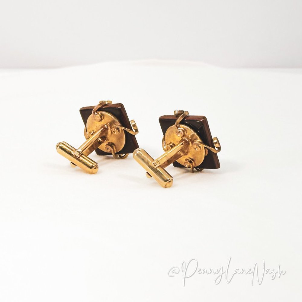 Vintage Brown Square Geometric Cuff Links in Gold Plated - Picture 3 of 6